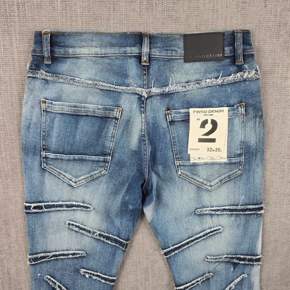 FWRD Denim New York Jeans Mens 32x36 Blue Distressed Ripped Stacked frayed Hype - Picture 10 of 15